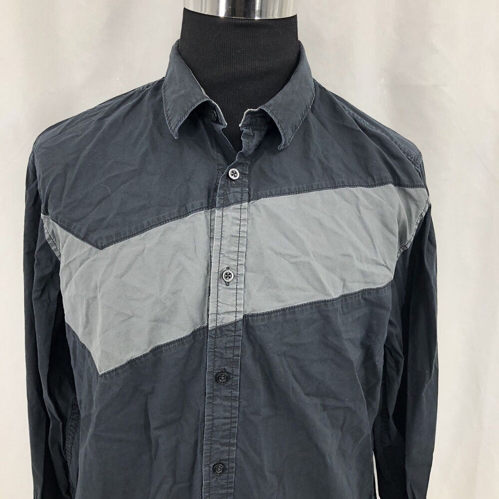 Guess Button Front Gray Stripe Black Slim Fit Collared Color Block Shirt XXL